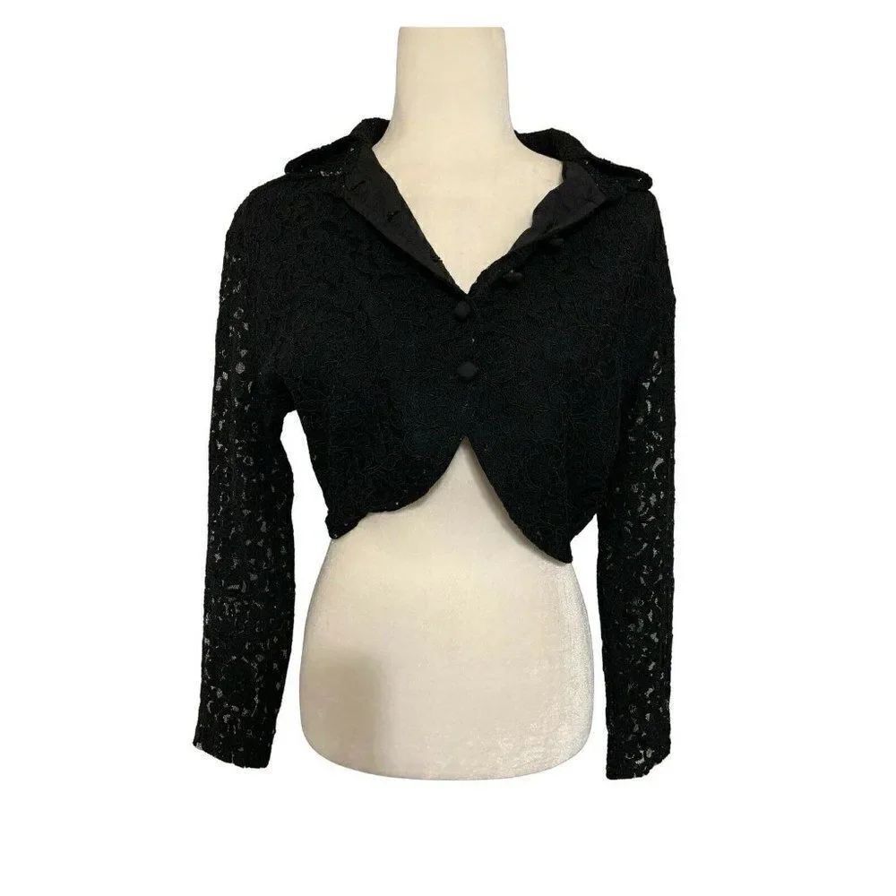 tricia jones womens solid black lace crop blazer jacket small medium